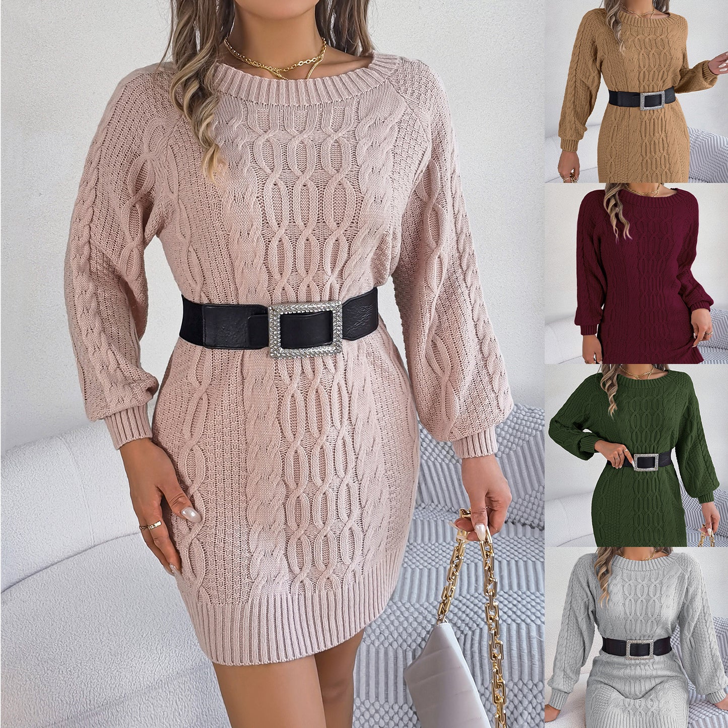 Women's Solid Color Twist Lantern Sleeve Straight Dress