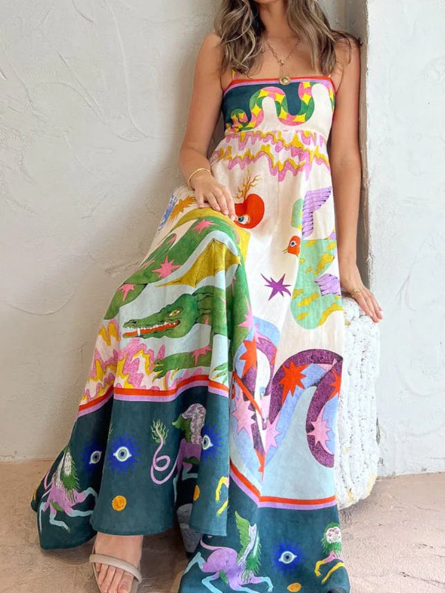 Summer Elegant Positioning Printed Sleeveless High Waist Large Swing Dress