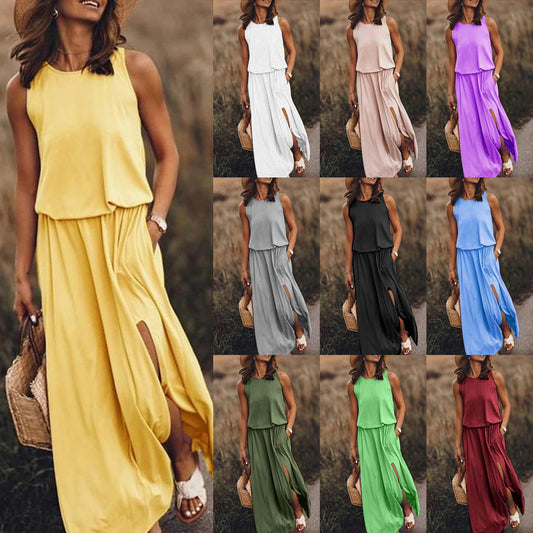 Women's Summer Simple Comfortable Round Neck Sleeveless Split Dresses
