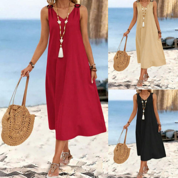 Women's Summer Elegant Style Solid Color Ring Buckle Dress