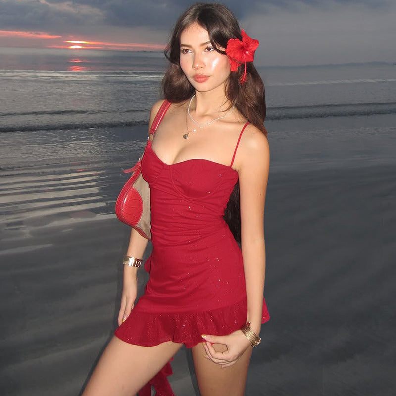 Women's Sweet Chest Wrap Slim Fit Sexy Ruffles Dresses