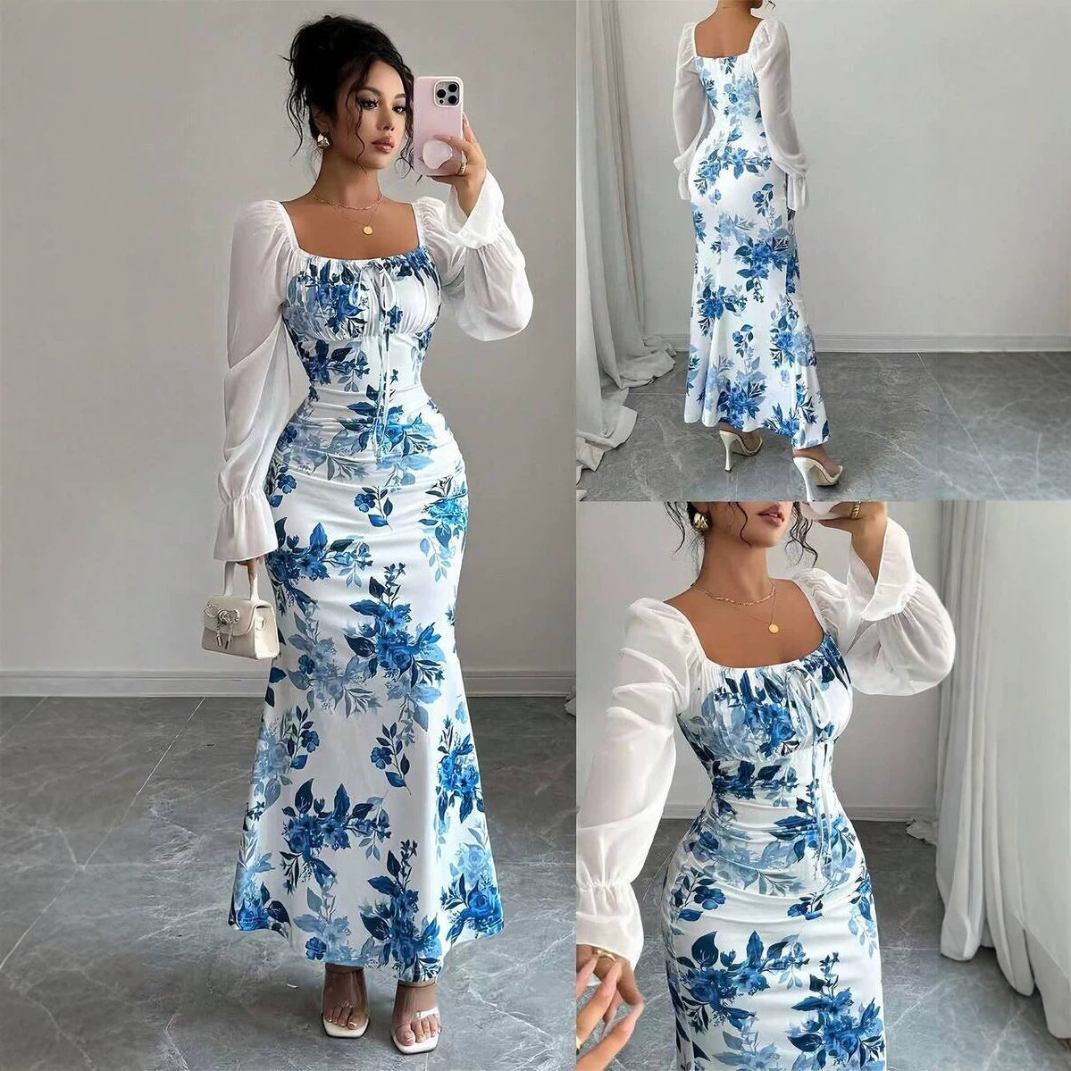 Women's Elegant Pleated Waist Floral Horn Sleeveless Dress