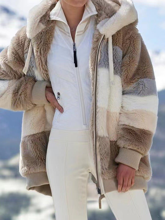 Women's Warm Plush Patchwork Zipper Pocket Hooded Coats