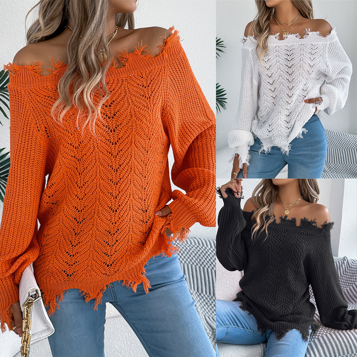 Women's Solid Color Long Sleeve Cut Pullover Sweater