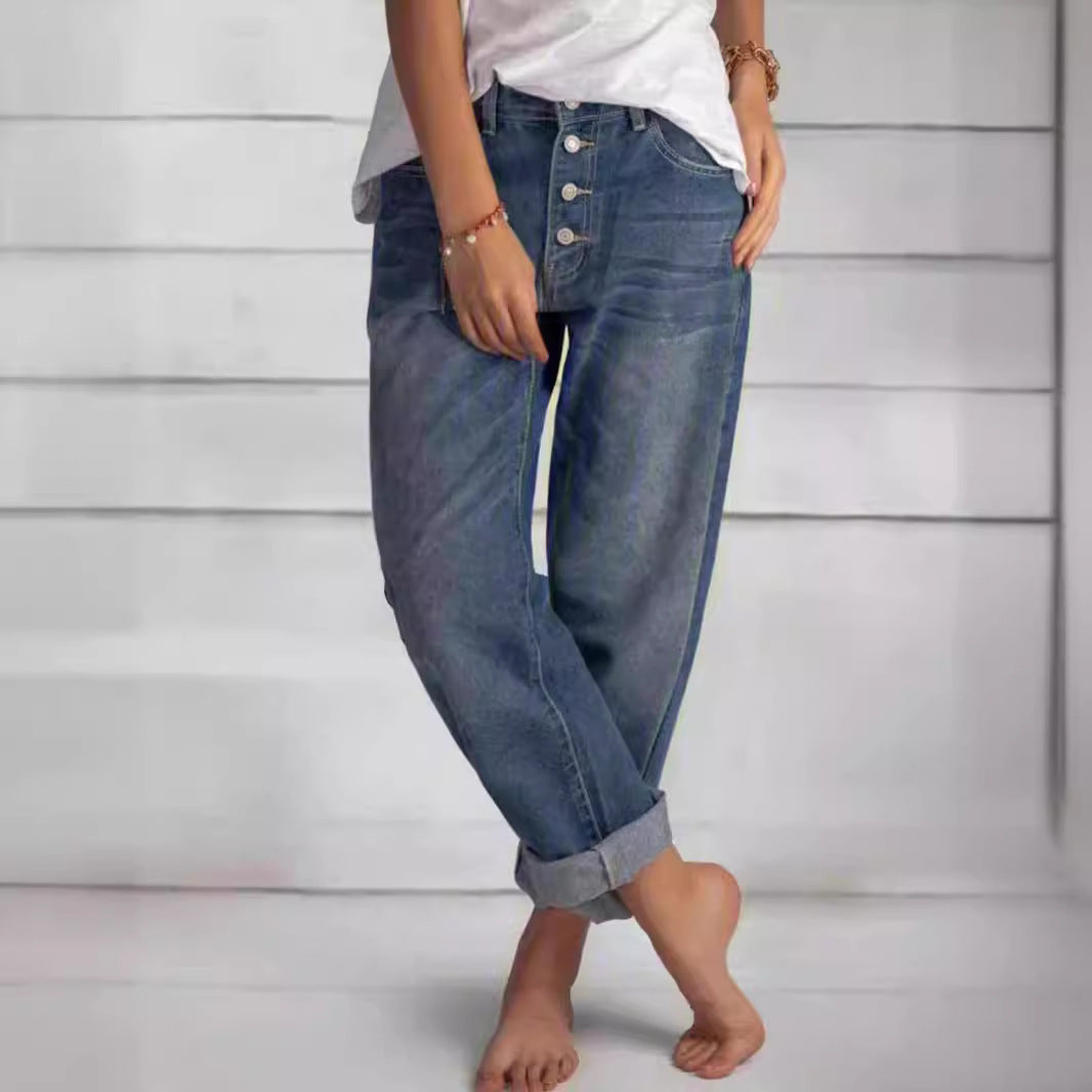 Women's Comfortable British Vintage Single-breasted Cropped Jeans