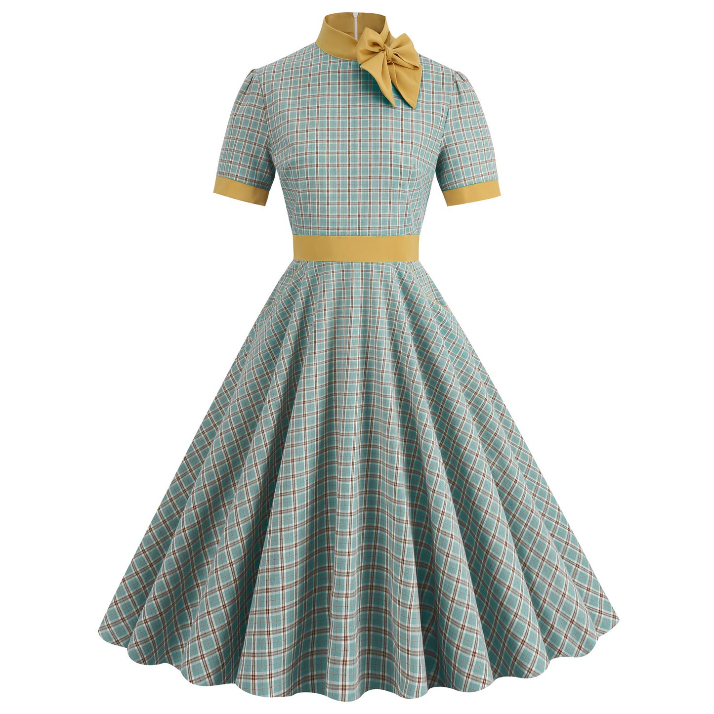 Hepburn Style Retro Stand Collar Contrast Color Sleeve Dresses