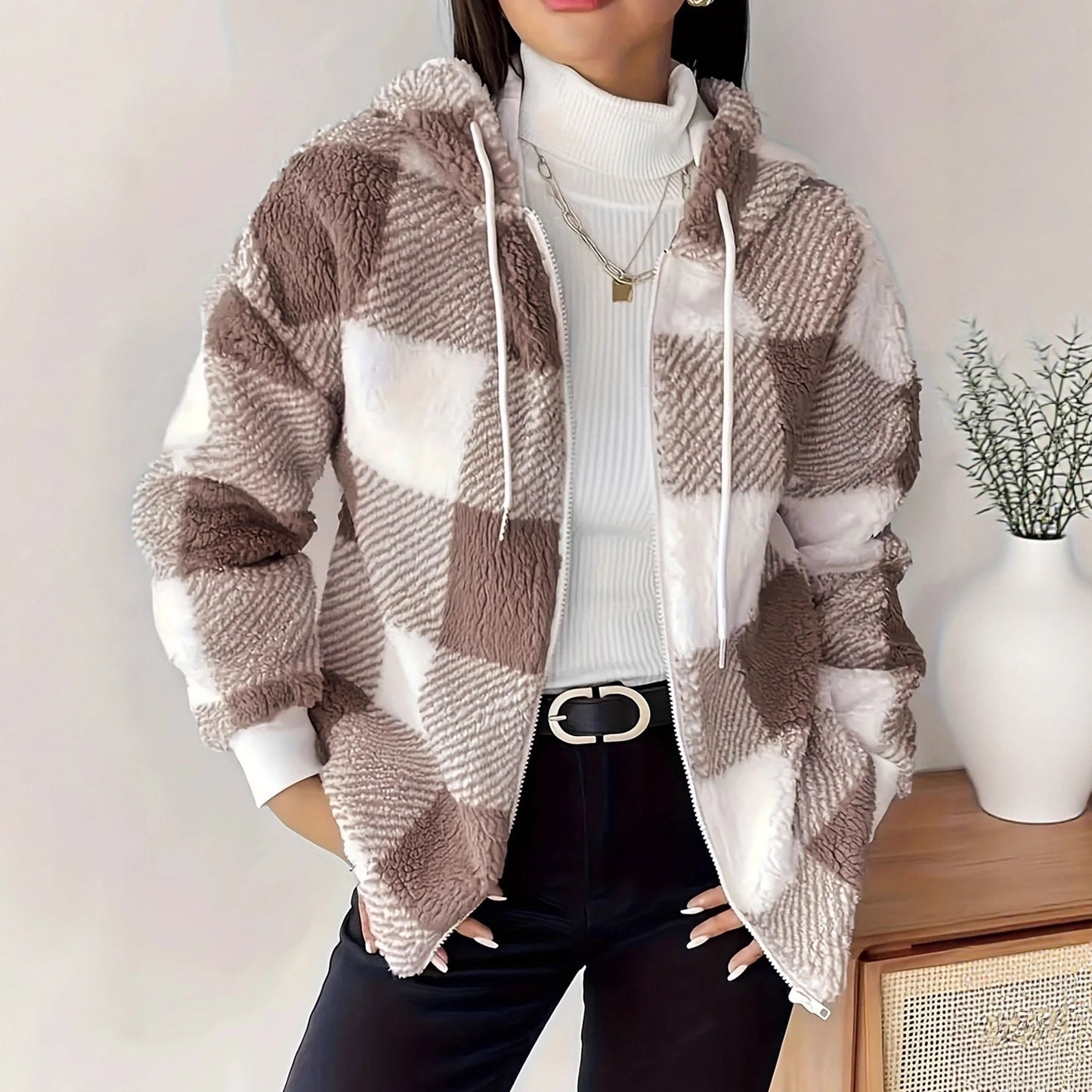 Women's Fleece Sweatshirt Loose Casual Hooded Plaid Women's Sweater, Sweater
