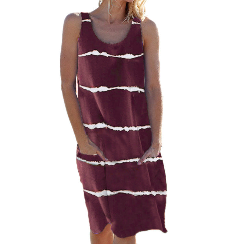 Women's Summer Round Neck Printed Striped Pocket Dress