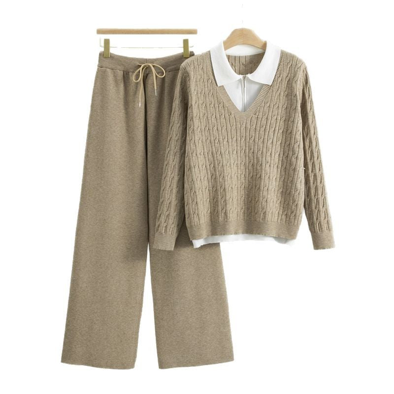 Women's Thickened Collar Fake Two-piece Knitted Matching Suits