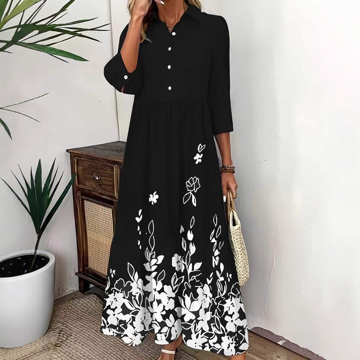 Women's Autumn Print Sleeve Buttons Loose Wear Dress