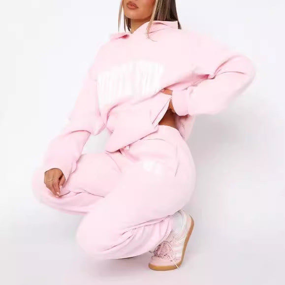 Women's Letter Print Long Sleeve Pullover Hoodie Suits