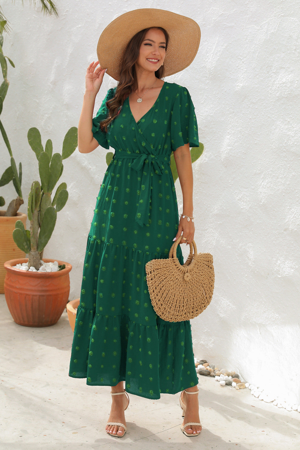 Women's High Waist Fur Ball Long Sleeve Beach Dress
