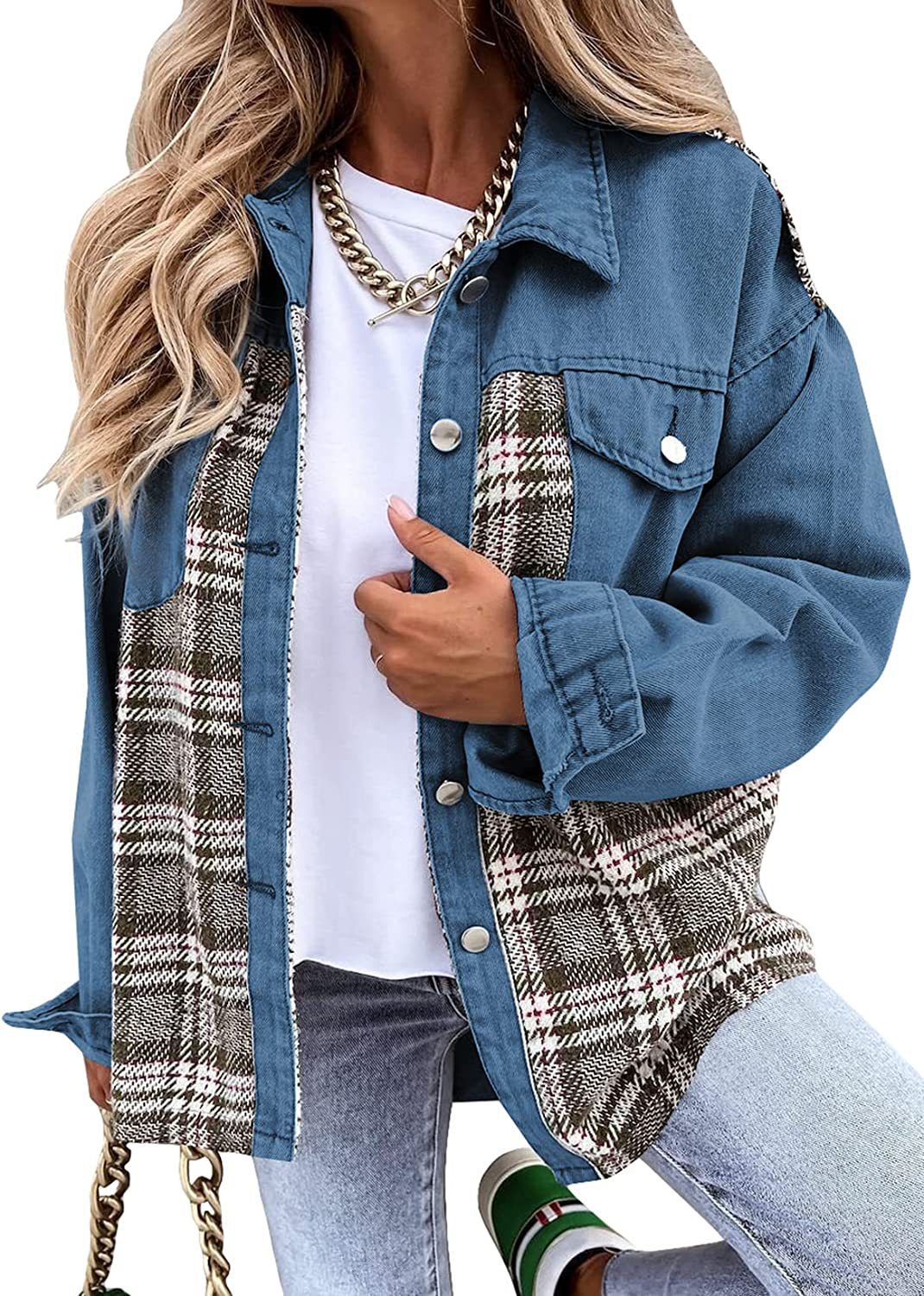 Denim Long Sleeve Plaid Button-down Shirt Jackets