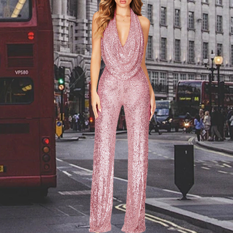 Women's Classy Summer Sleeveless Halter Sequined Jumpsuits