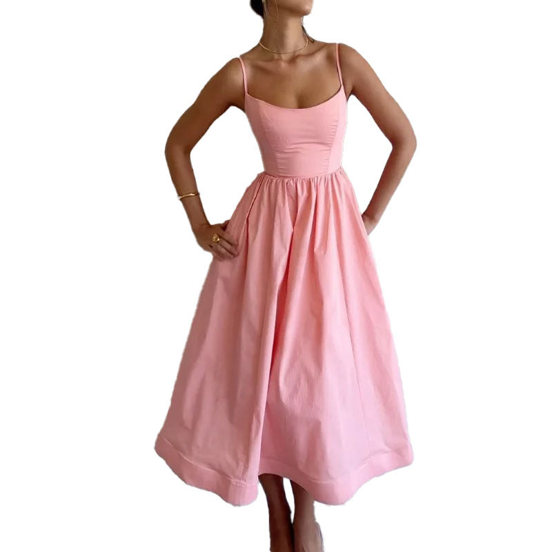 Women's Solid Color Sexy Collar Fitted Waist Pleated Sling Dress