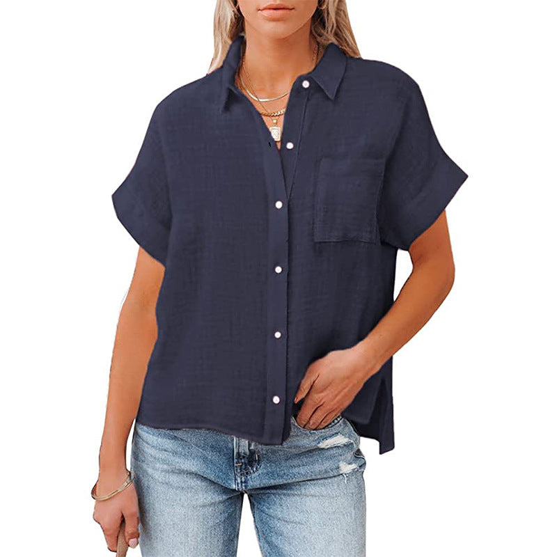 Women's Cotton Linen Short-sleeved Casual Side Slit Blouses