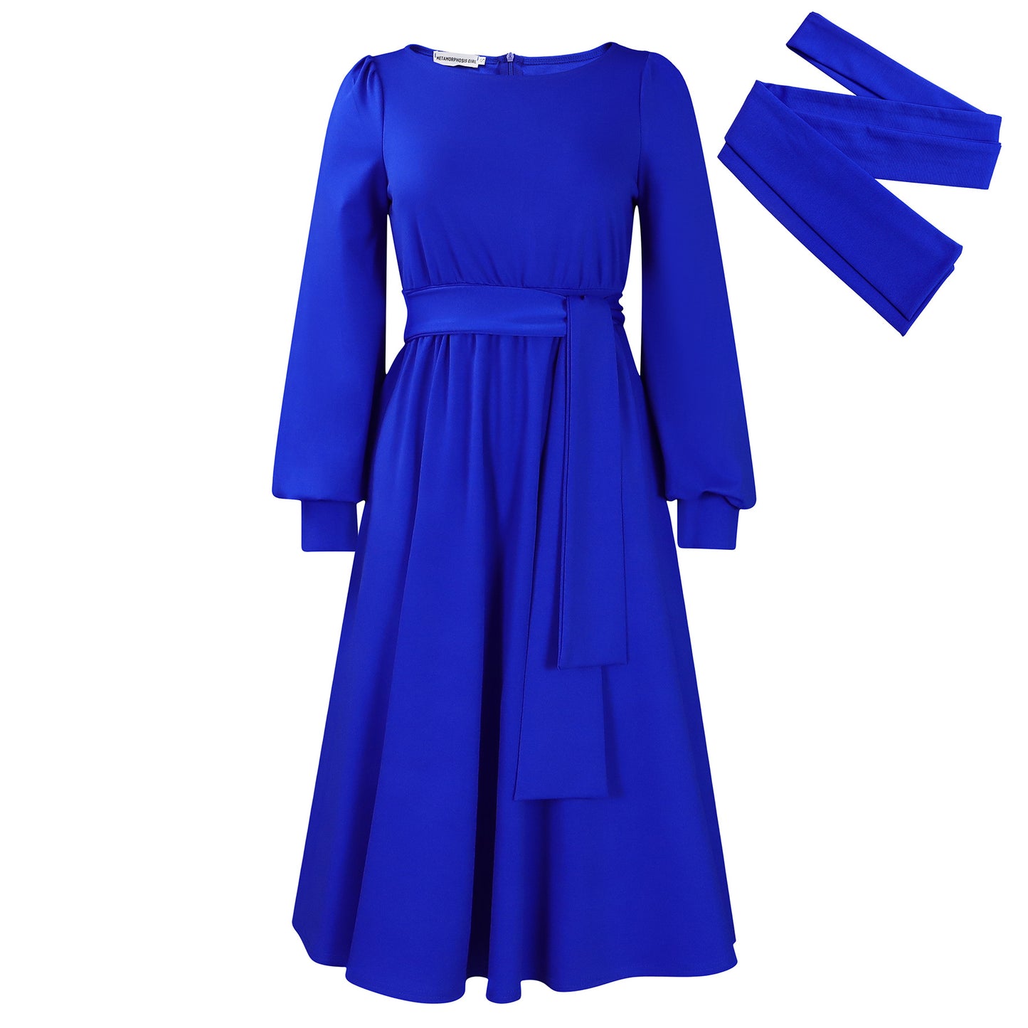 Women's Spring Long-sleeved Round Neck Solid Color A- Dress