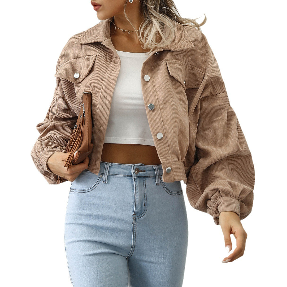 Women's Casual Polo Collar Corduroy Lantern Sleeve Jackets