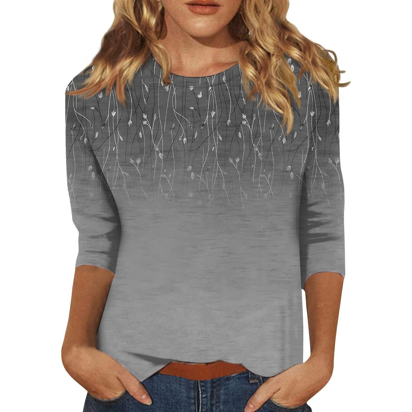 Women's Printed Sleeves Loose Crew Neck Casual Blouses