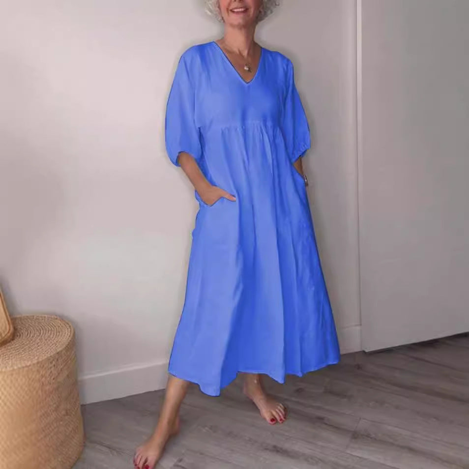 Women's Autumn Cotton Linen Deep Pleated Solid Color Casual Dress