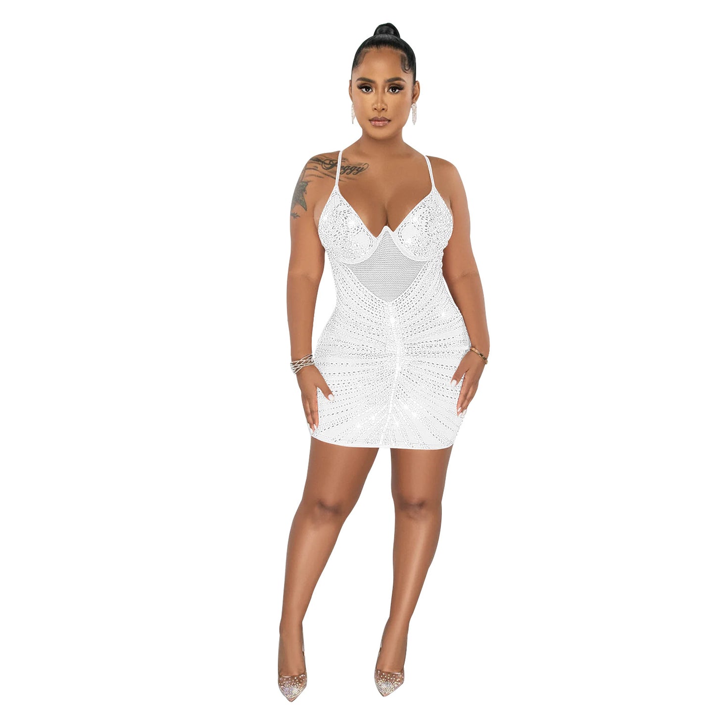 Women's Fashion Wear Rhinestone Mesh Camisole Sleeveless Dresses
