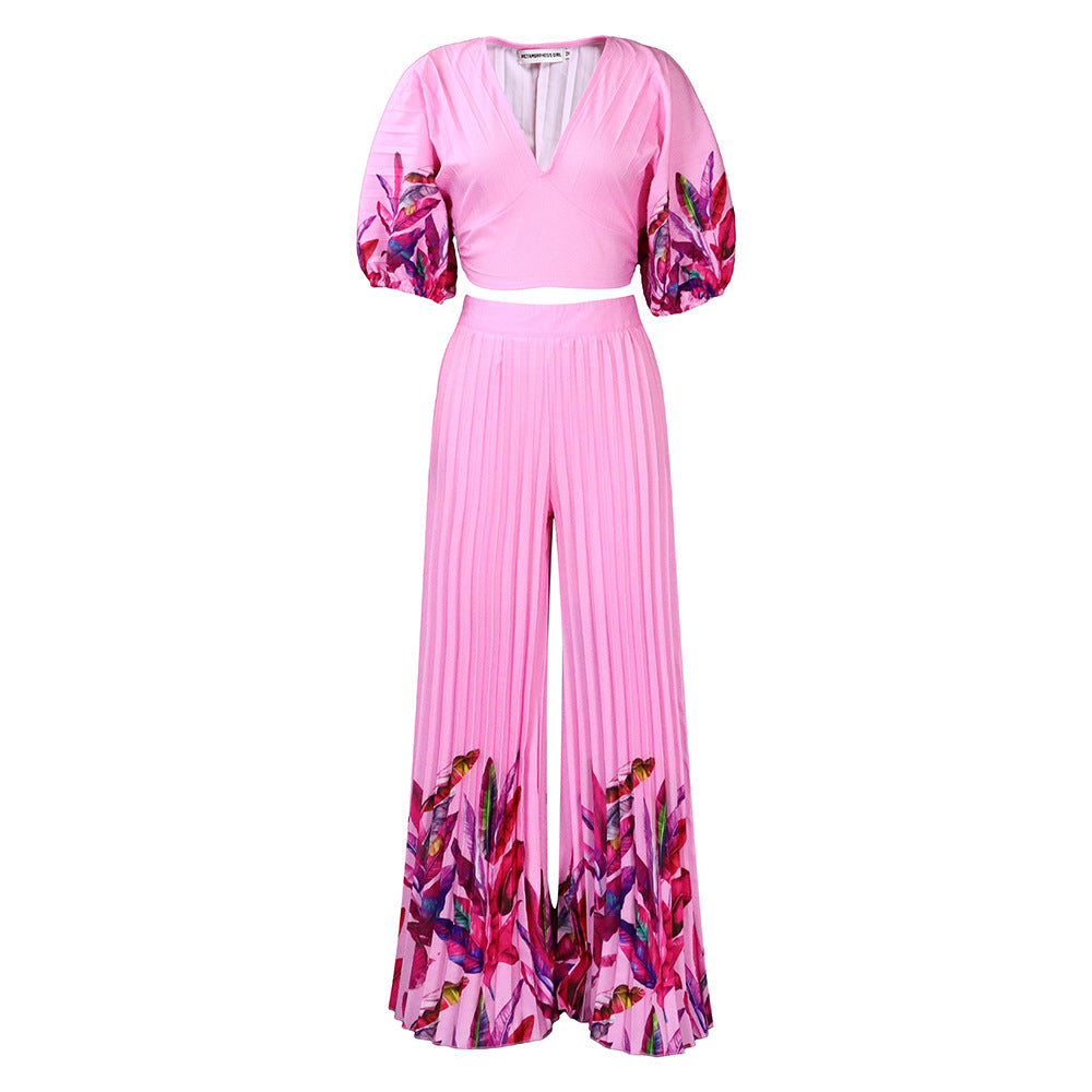 Women's Summer Printed Wide Leg Two-piece Fashion Casual Suit