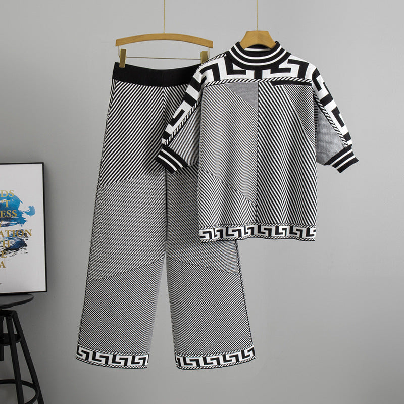 Women's Waist Wide Leg Sleeve Striped Knitted Suits