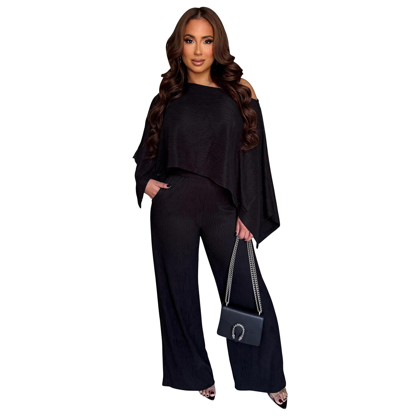 Women's Fashion Wear Pleated Oblique Shoulder Trousers Solid Suits