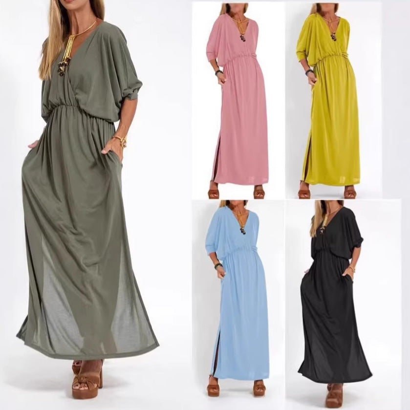Women's Fashion Solid Color High Waist Slit Dress