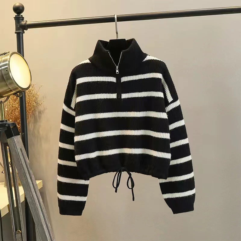 Women's Loose Half Zipper Lapel Striped Outer Wear Shorts