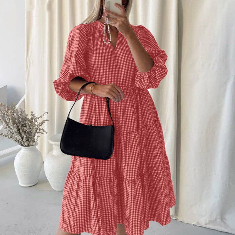 Women's Autumn Long Sleeve Plaid Stand Collar Dress