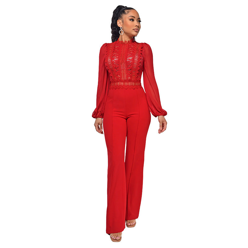 Women's High Waist Straight Turtleneck Lace Long-sleeved Jumpsuits