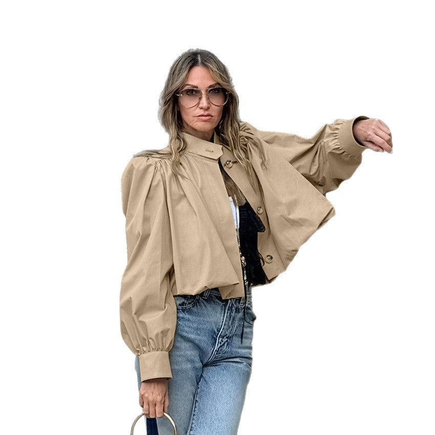Women's Fashionable High-grade Casual Khaki Stand-up Collar Coats