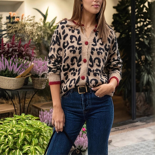 Women's Fashion Wear Versatile Contrast Color Leopard Print Long Sleeve Sweaters