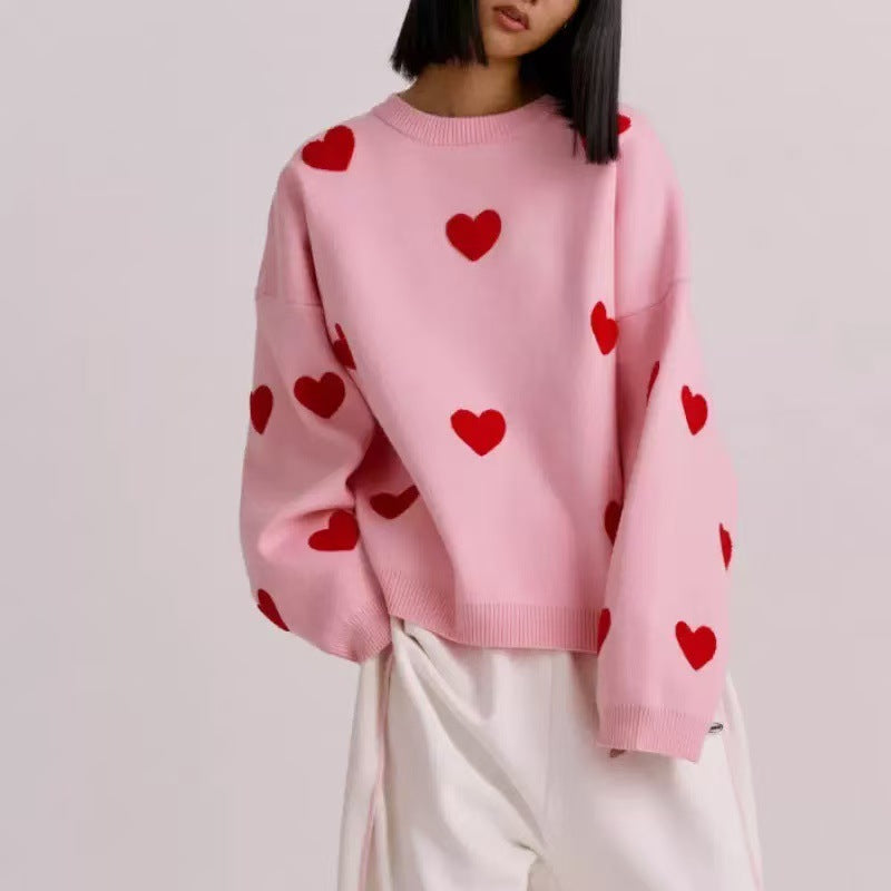 Innovative Classic Heart Jacquard Round Neck Sweaters