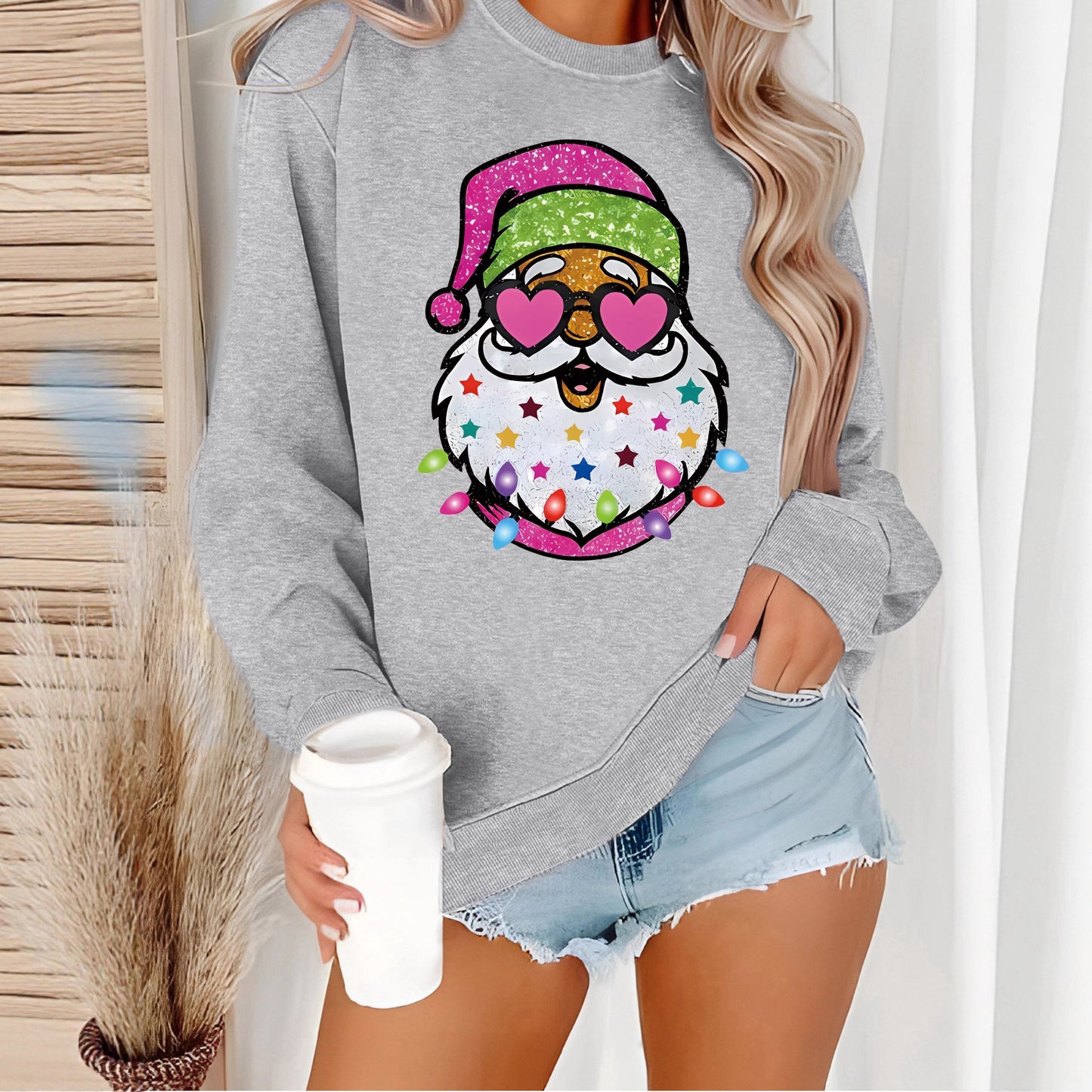 Women's Claus Graphic Print Crew Neck Casual Long Women's Sweater, Sweater