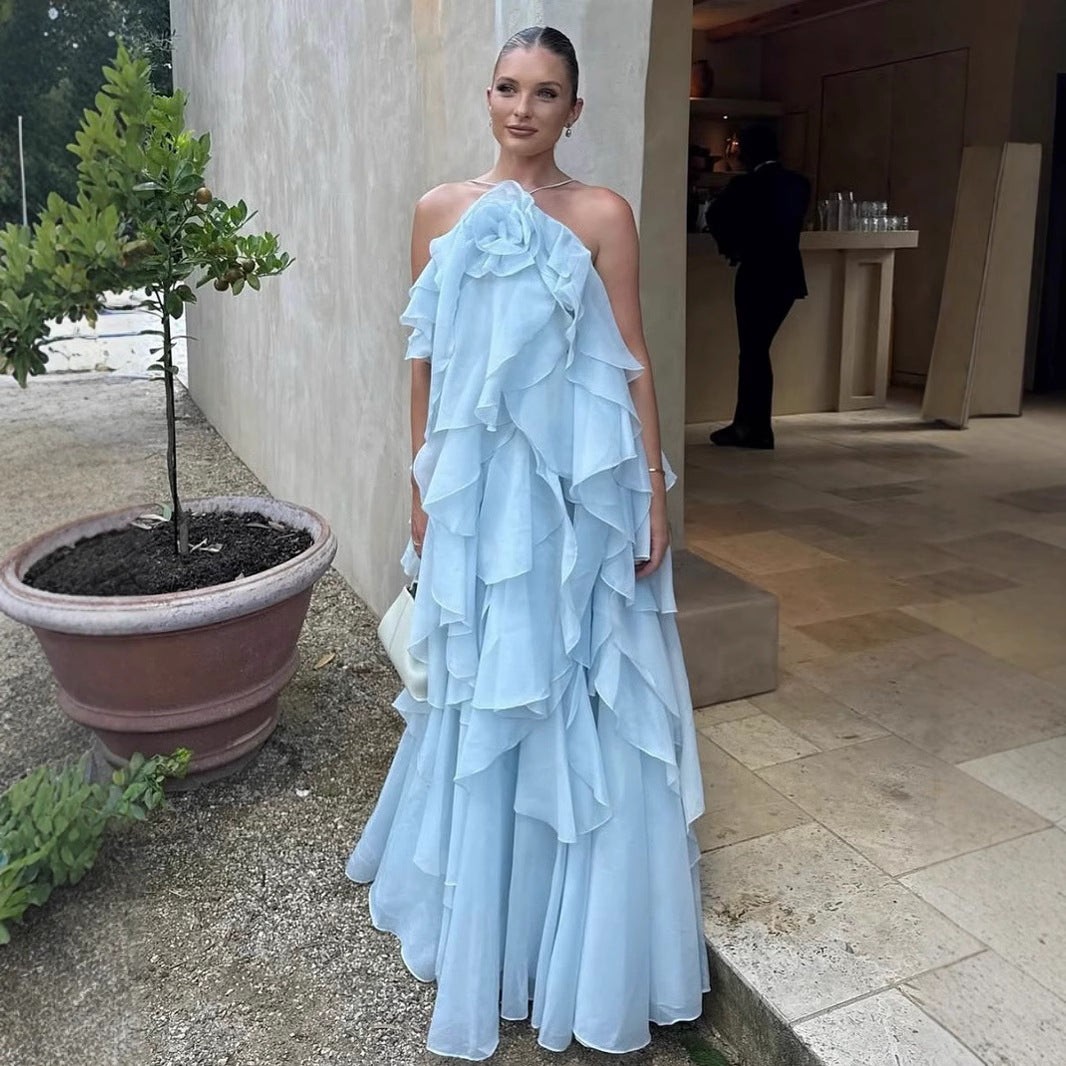 Women's Vacation Style Three-dimensional Flowers Halter Backless Ruffled Dresses