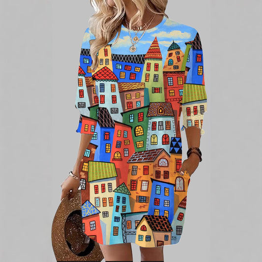 Women's Color Round Neck Loose Middle Sleeve Dresses