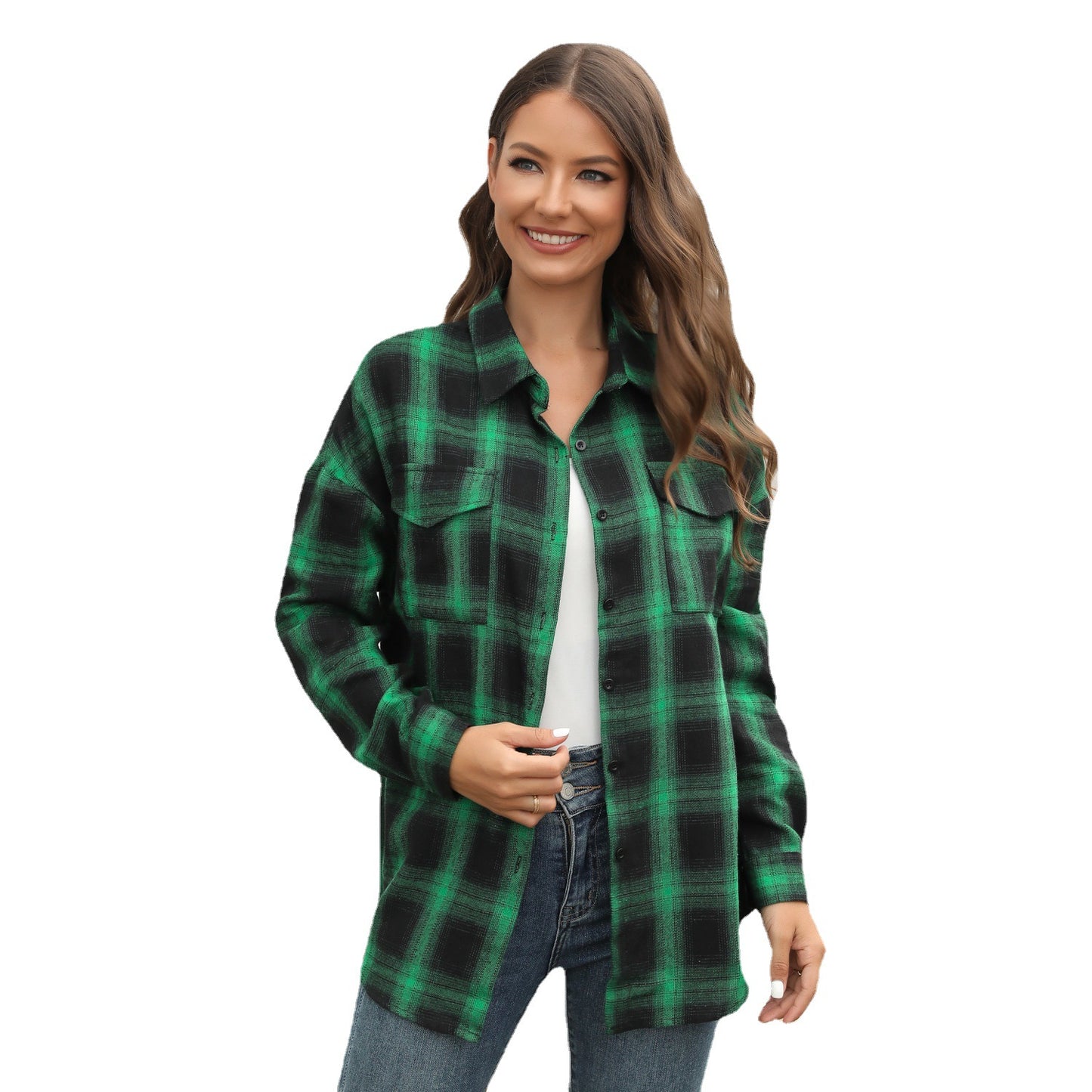 Women's Large Long-sleeved Plaid Button Shirt With Blouses