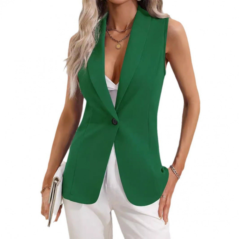 Women's Solid Color Single Button Sleeveless Crew Coats