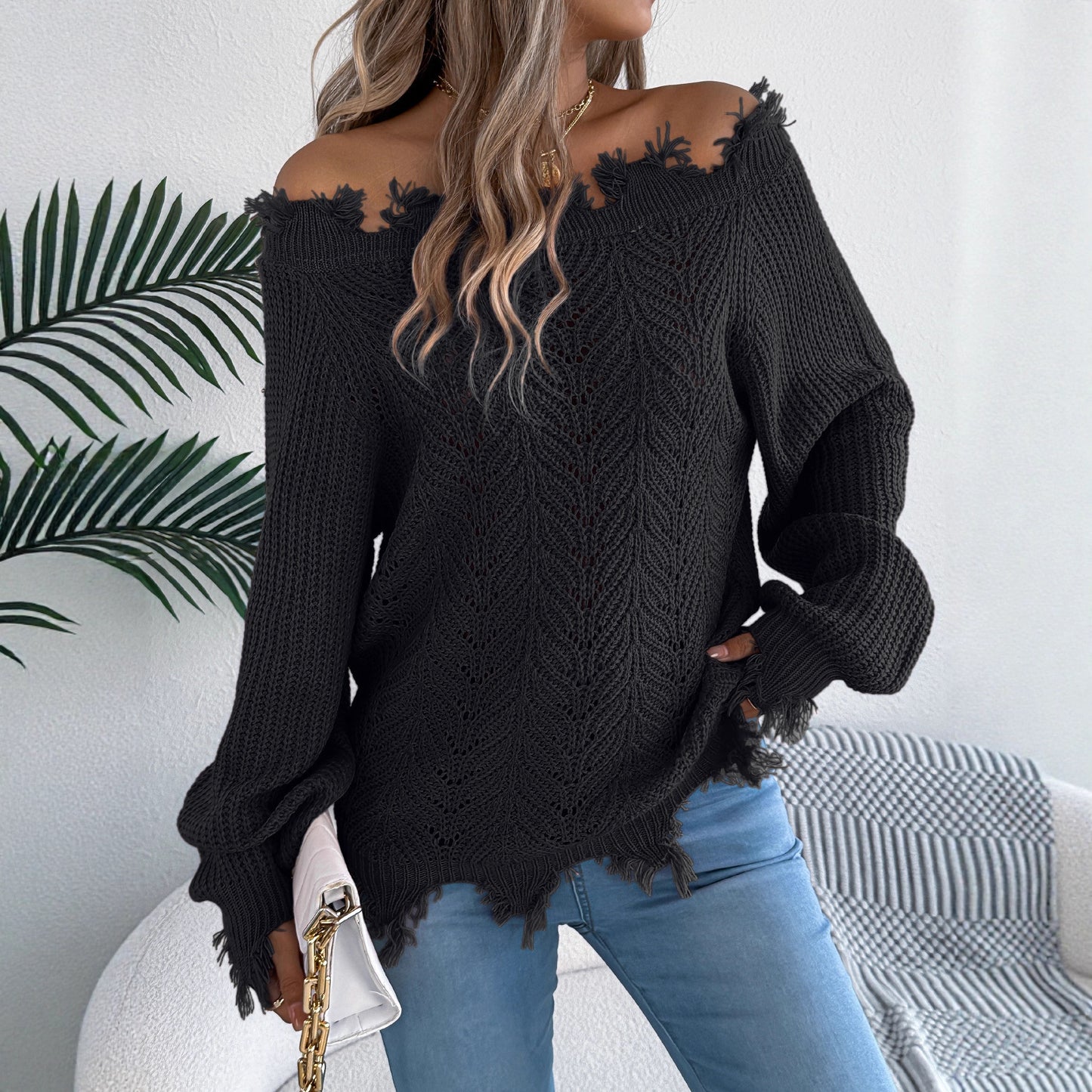 Women's Solid Color Long Sleeve Cut Pullover Sweater