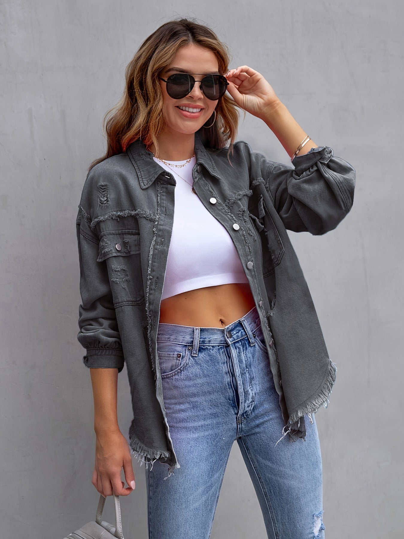 Women's Solid Color Loose Ripped Long Sleeves Jackets