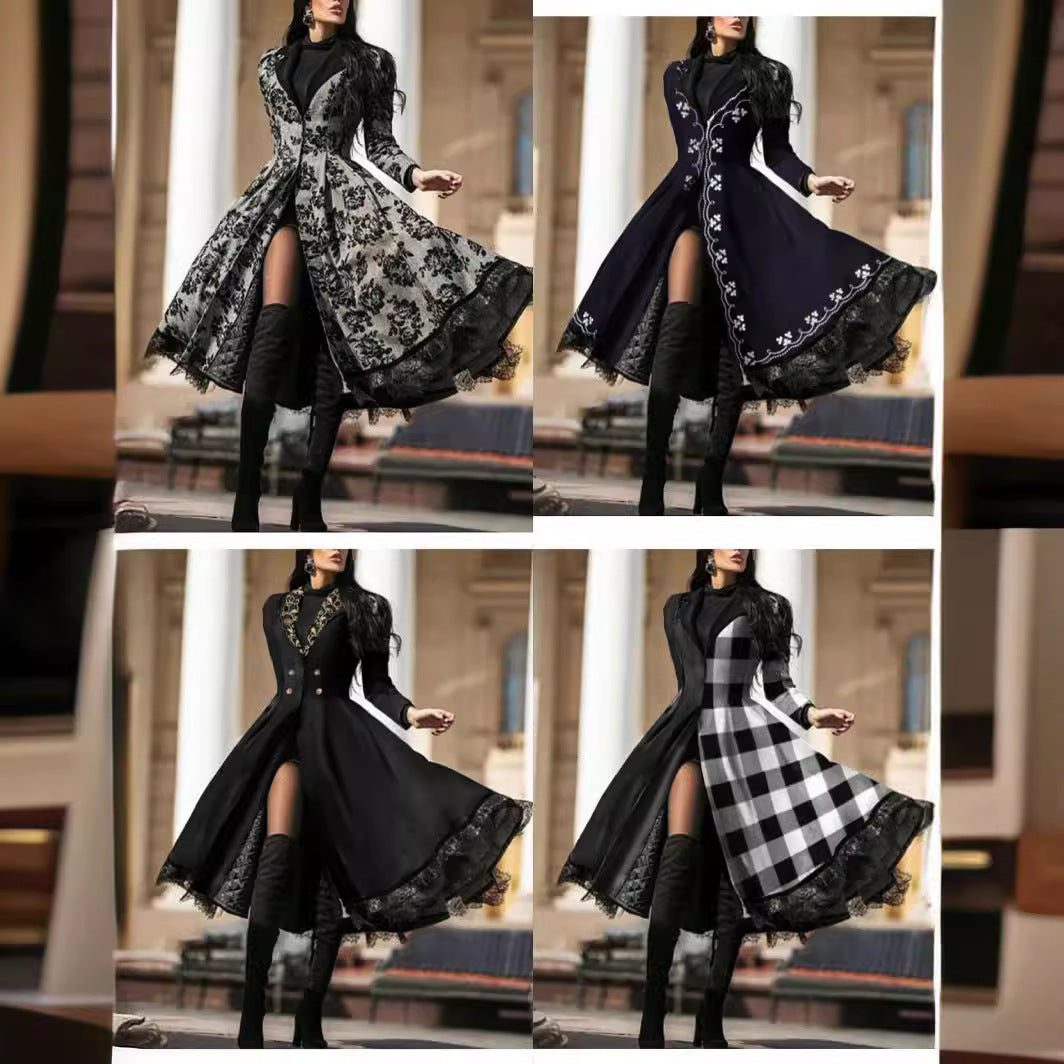 Women's Beautiful Lace Splicing Retro Long Trench Coats