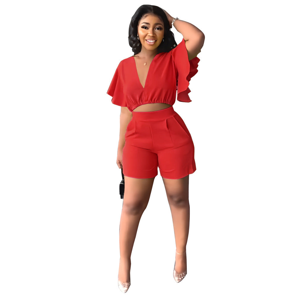 Cool Ruffled Casual Summer Two-piece Set Suits