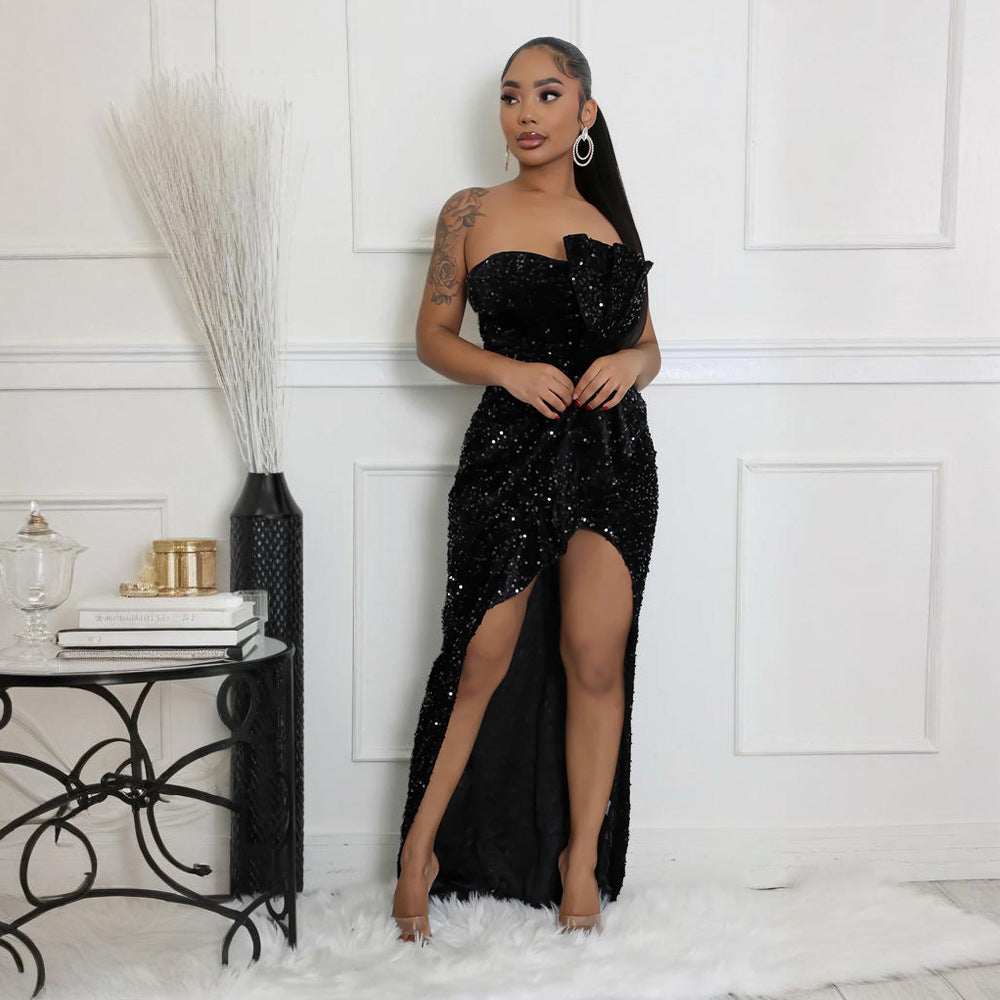 Women's Sequined Dress Sexy Tube Irregular Trailing Dresses