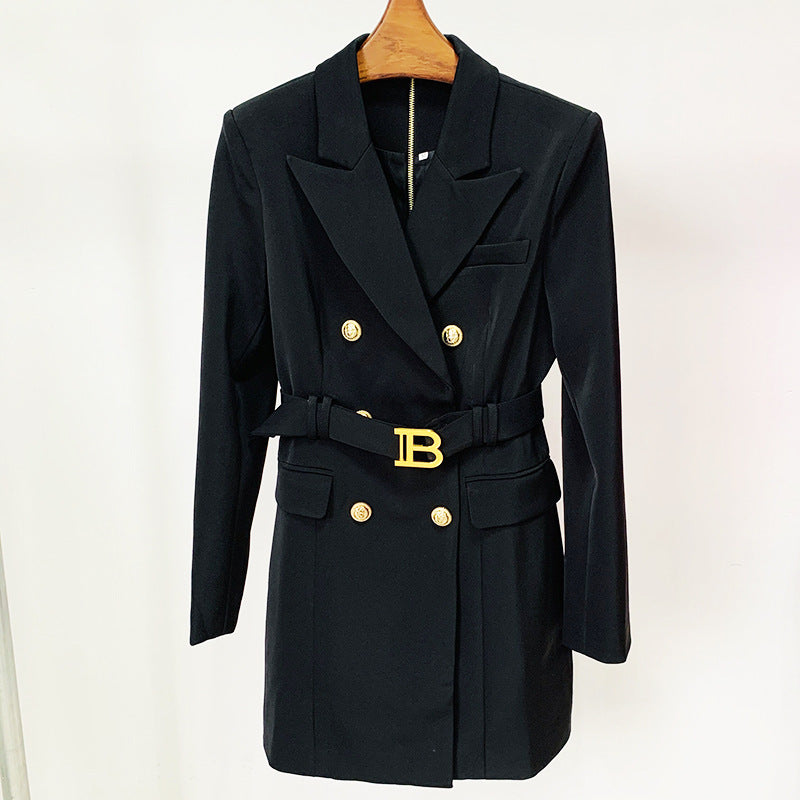 Double Breasted Metal Buckle Belt Slim Dress