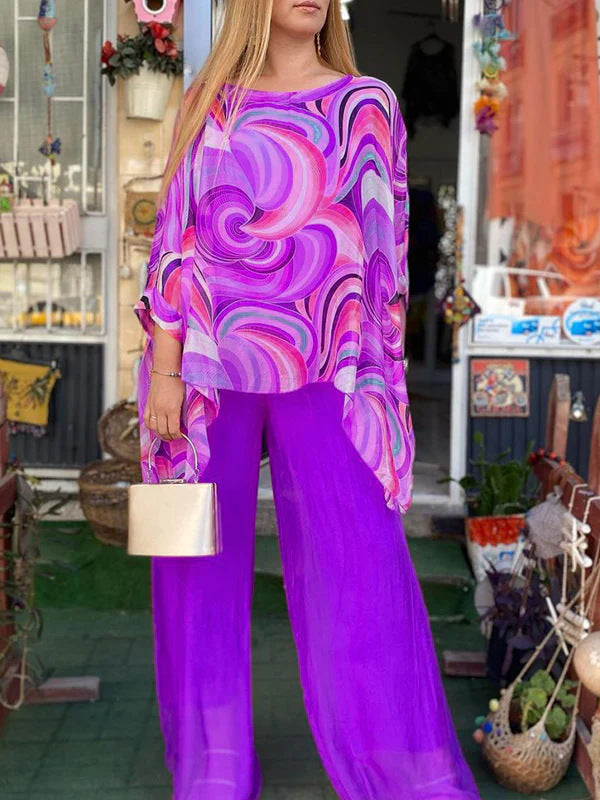 Women's Summer Colorful Chiffon Casual Round Neck Suits