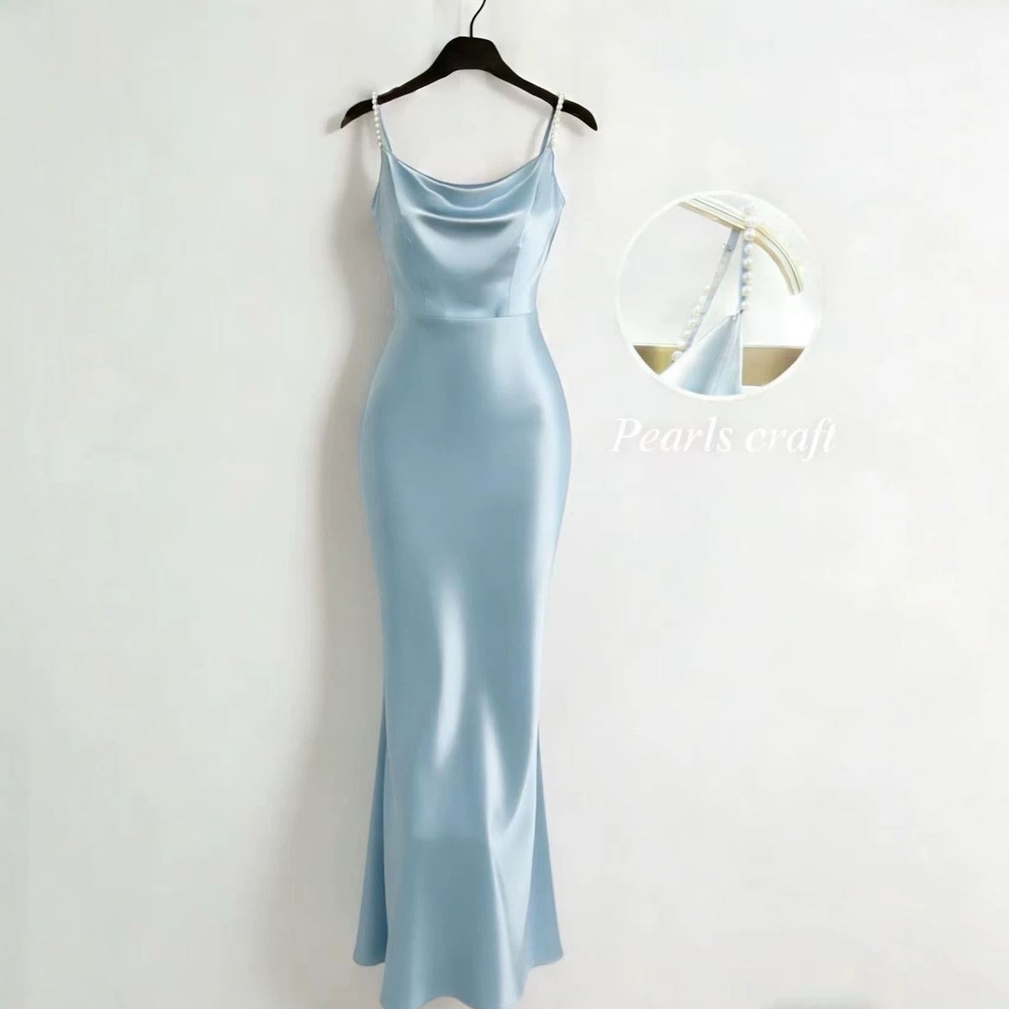 Satin Handmade Pearl Spaghetti Strap Slimming Fishtail Dress