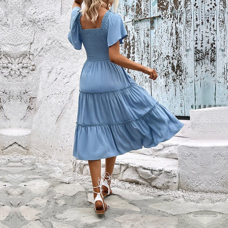 Holiday Trend Mid-length Ruffle Sleeve Solid Dresses