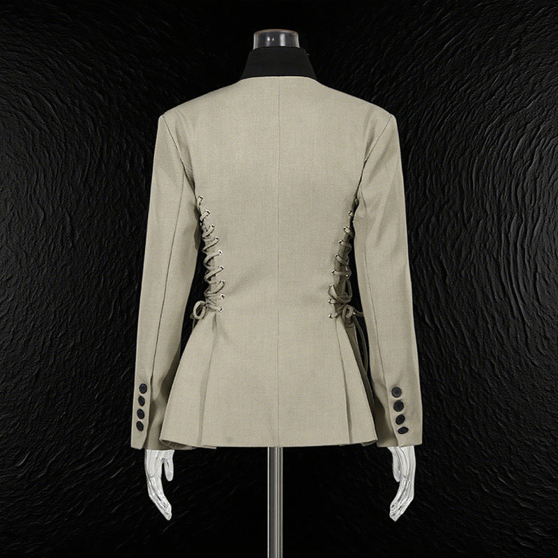 Women's Stand Collar Small Autumn Fashion Tie Waist Slimming Solid Blazers